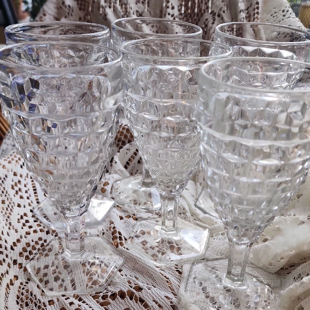 Vintage Set Of 6 Fostoria Glasses Cubist Hexagon Footed